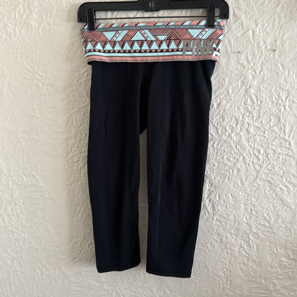 Victoria’s Secret Pink Yoga Cropped Leggings Black Fold Over Waistband Blue Logo